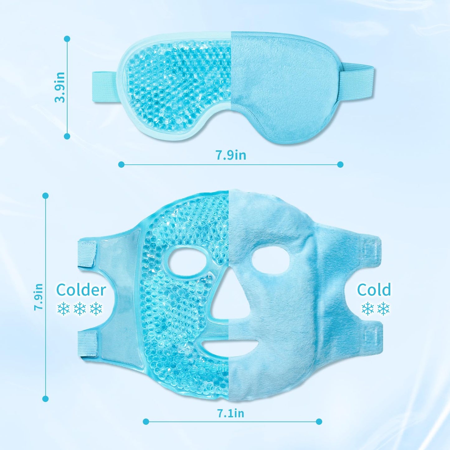 Cooling Eye Mask and Ice Face Mask Set for Reducing Puffiness, Bags Under The Eyes, Sinus, Redness, Pain Relief, Dark Circles, Migraine, and Hot Cold Use Reusable with Super Soft Lining (Blue Set)