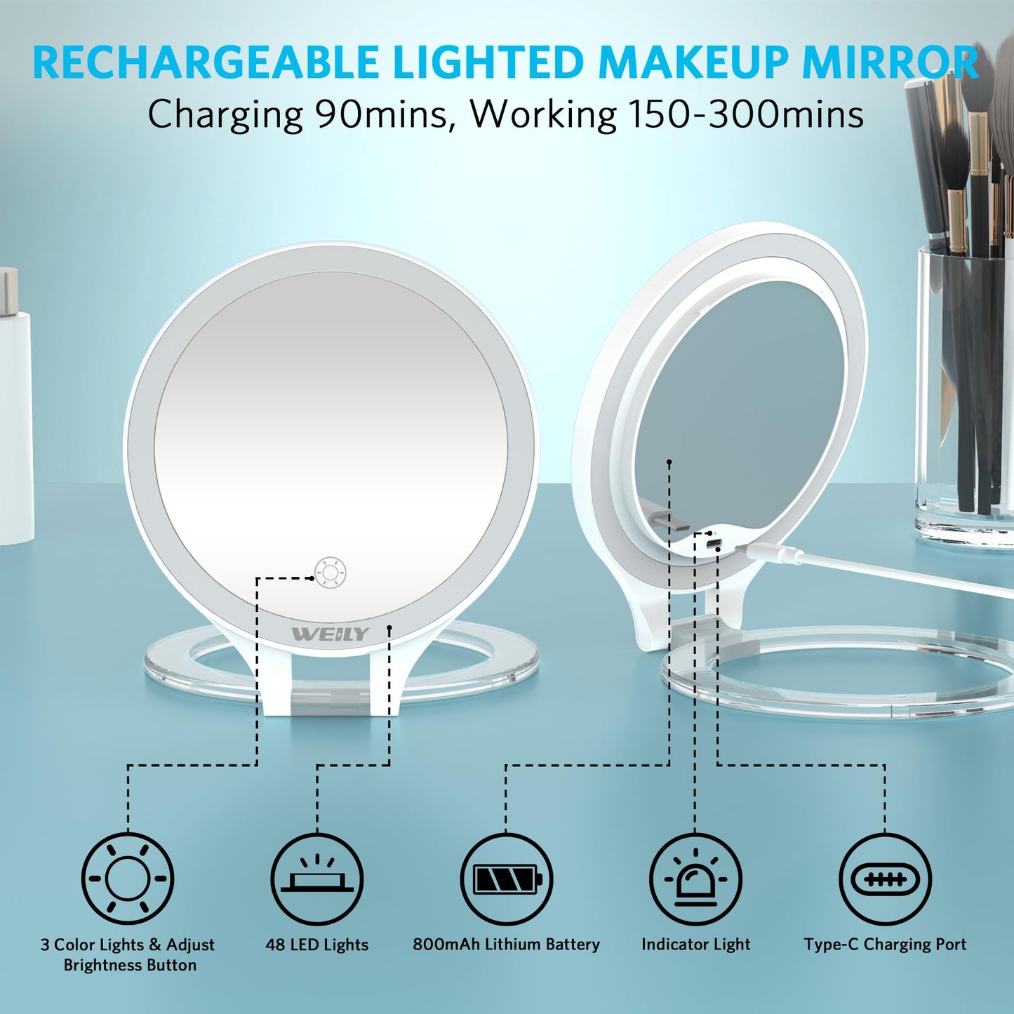 WEILY Magnifying Mirror with Light, 10X/1X Magnification Double-Sided Travel Makeup Mirror, with 3 Color Lights, Touch Control, Rechargeable Portable Mirror for Bedroom, Bathroom (White)