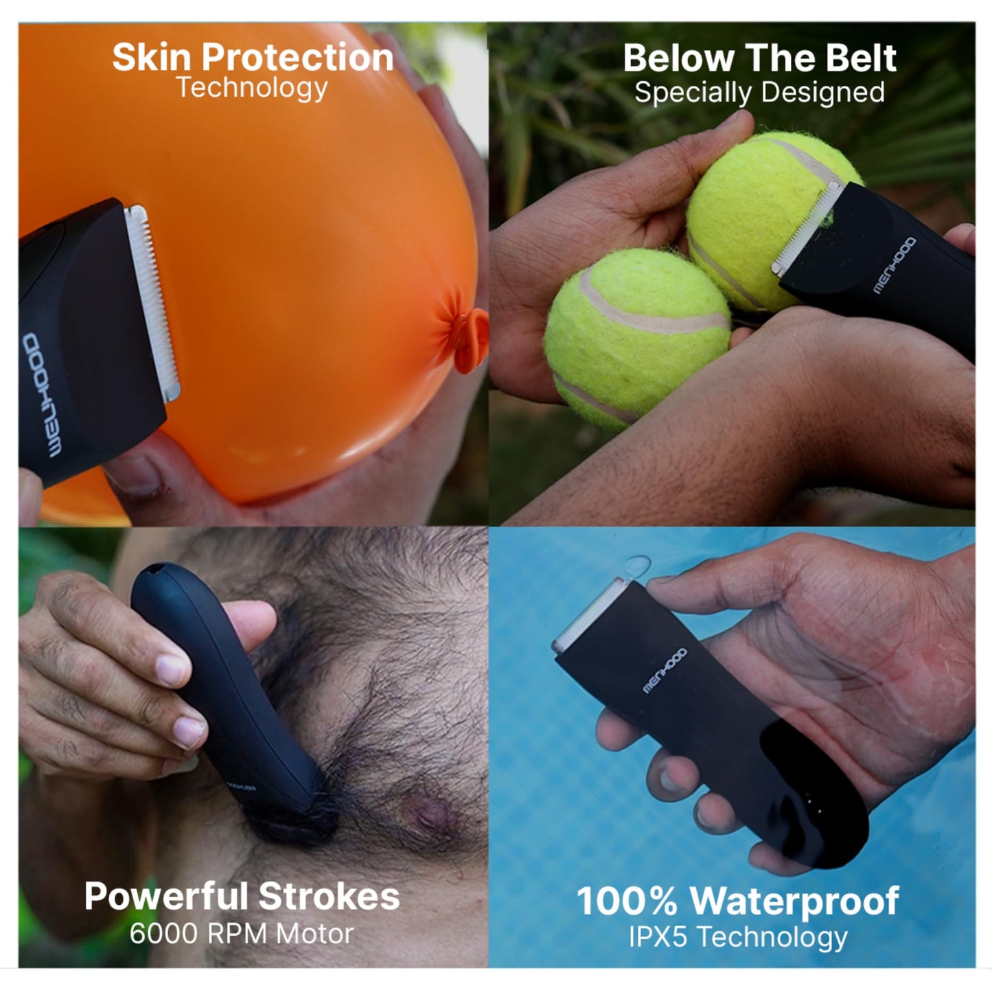 MENHOOD Grooming Trimmer 1.0 – Groin & Body Shaver for Men with Skin-Friendly Ceramic Blade & IPX6 Water Protection – Snag-Free Ball Shaver with 150-Minute Run Time