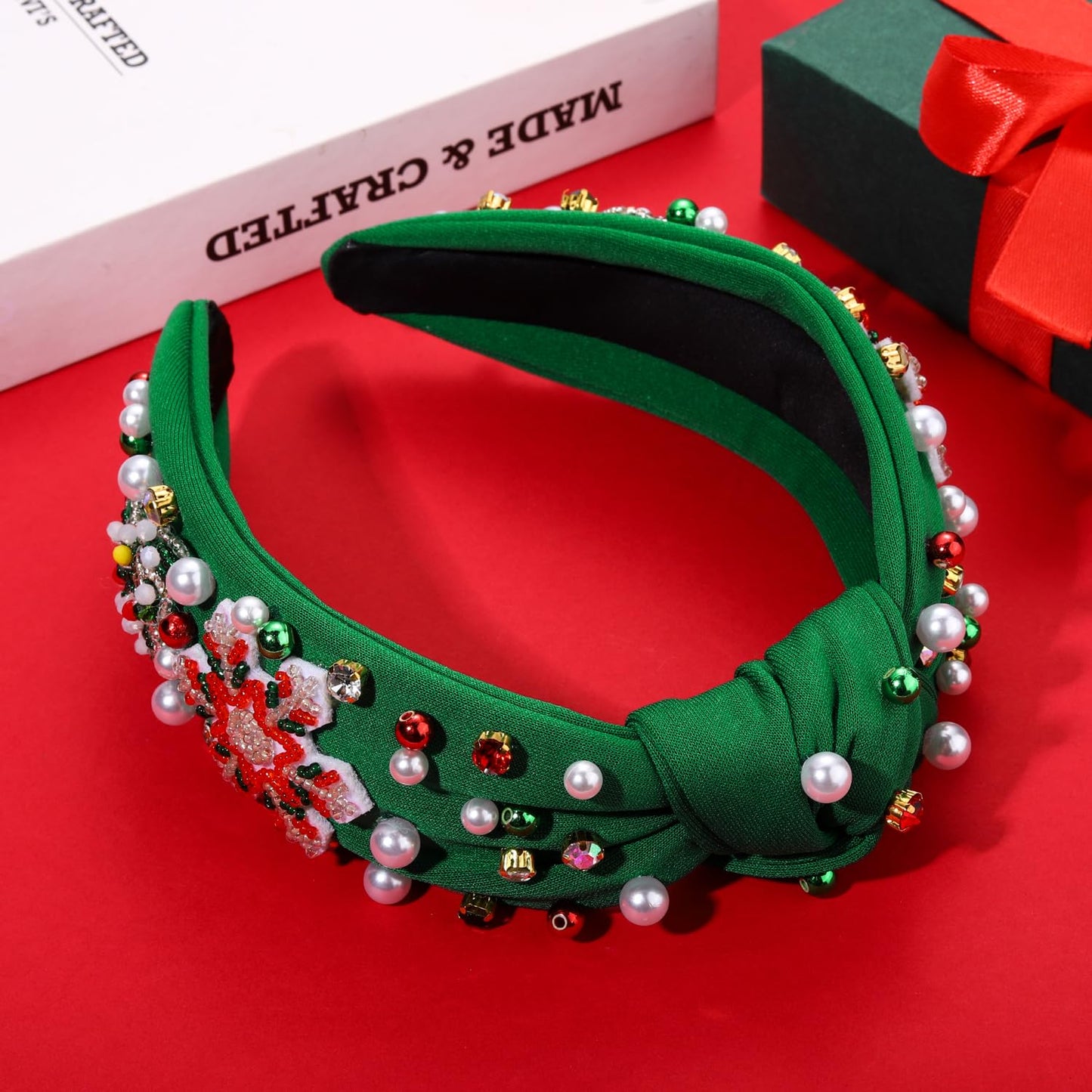 PHALIN Christmas Holiday Headband for Women Christmas Accessories Reindeer Snowflake Candy Cane Knotted Headband Red Green Beaded Rhinestone Pearl Wide Top Knot Headband (Xmas Tree&Rinedeer)