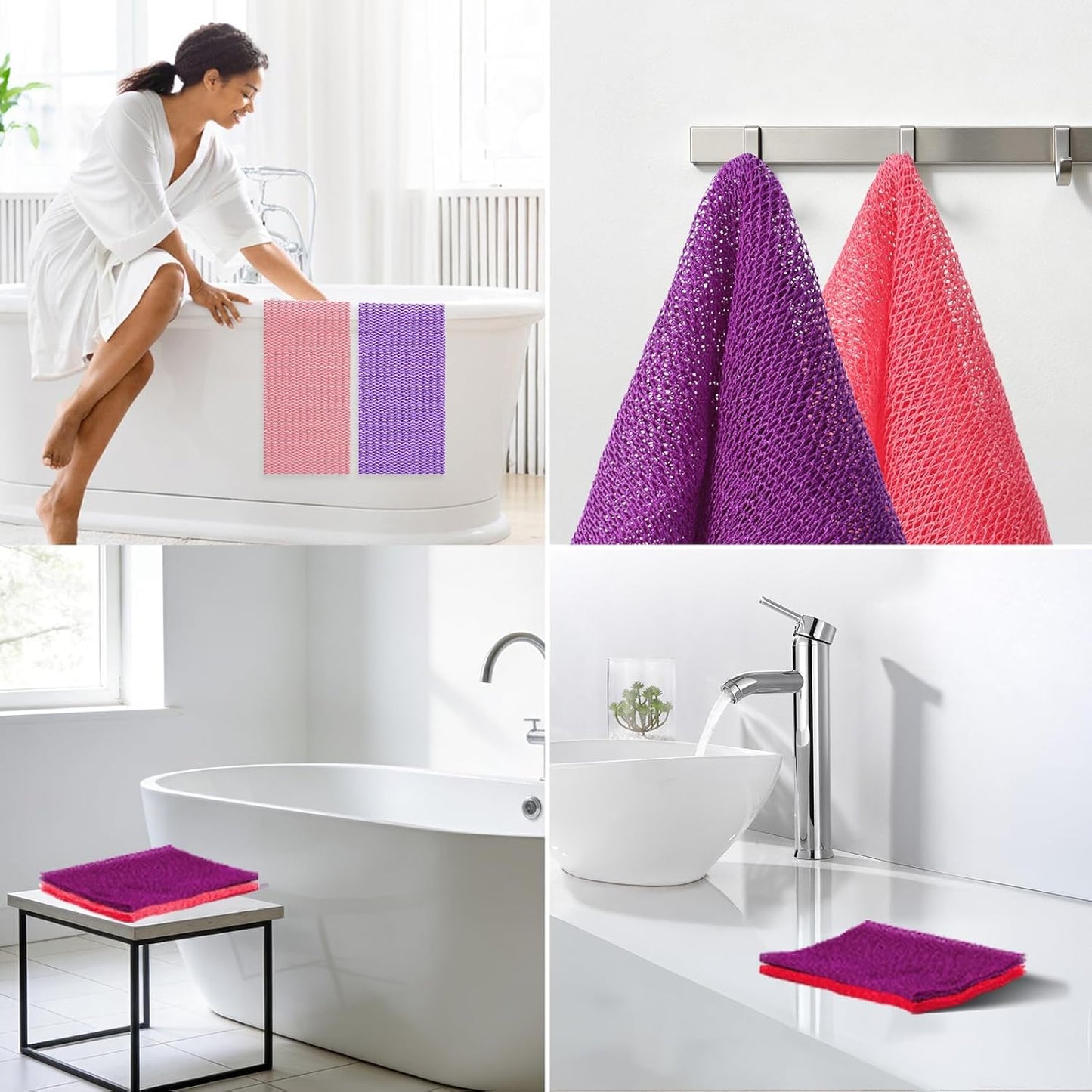 UJFQBH Exfoliating Body Scrubber - Authentic African Net Sponge Set for Deep Cleansing | 2-Piece (Rose Red & Purple)