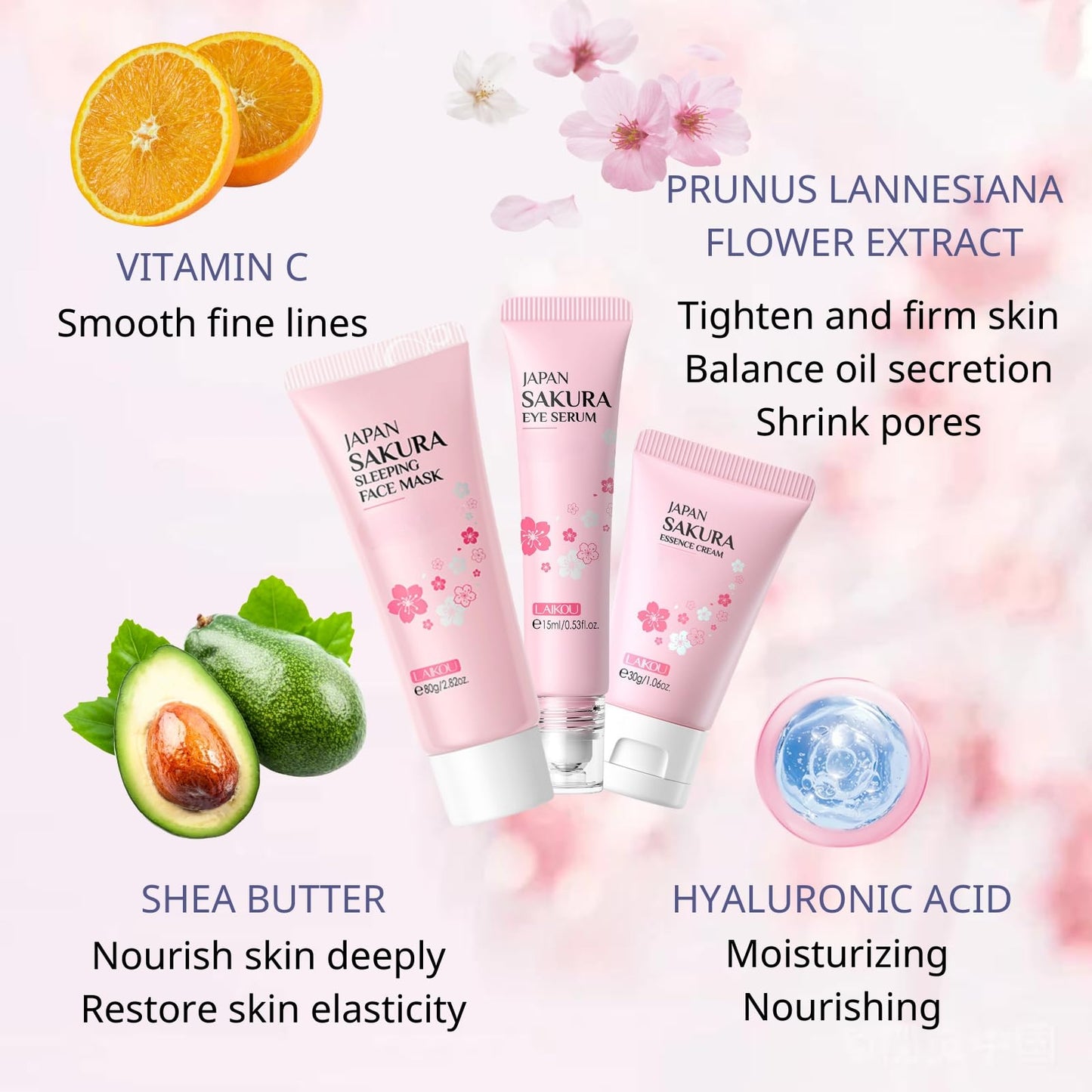 Sakura Skincare Set - Christmas Gifts - Skincare for Girls 10-12 - Skin Care for Teens 10-12 - Travel Kit for Women - Gift Set for Women with Eye Serum,Face Cream(One Size, 5PCS Sakura Scent)