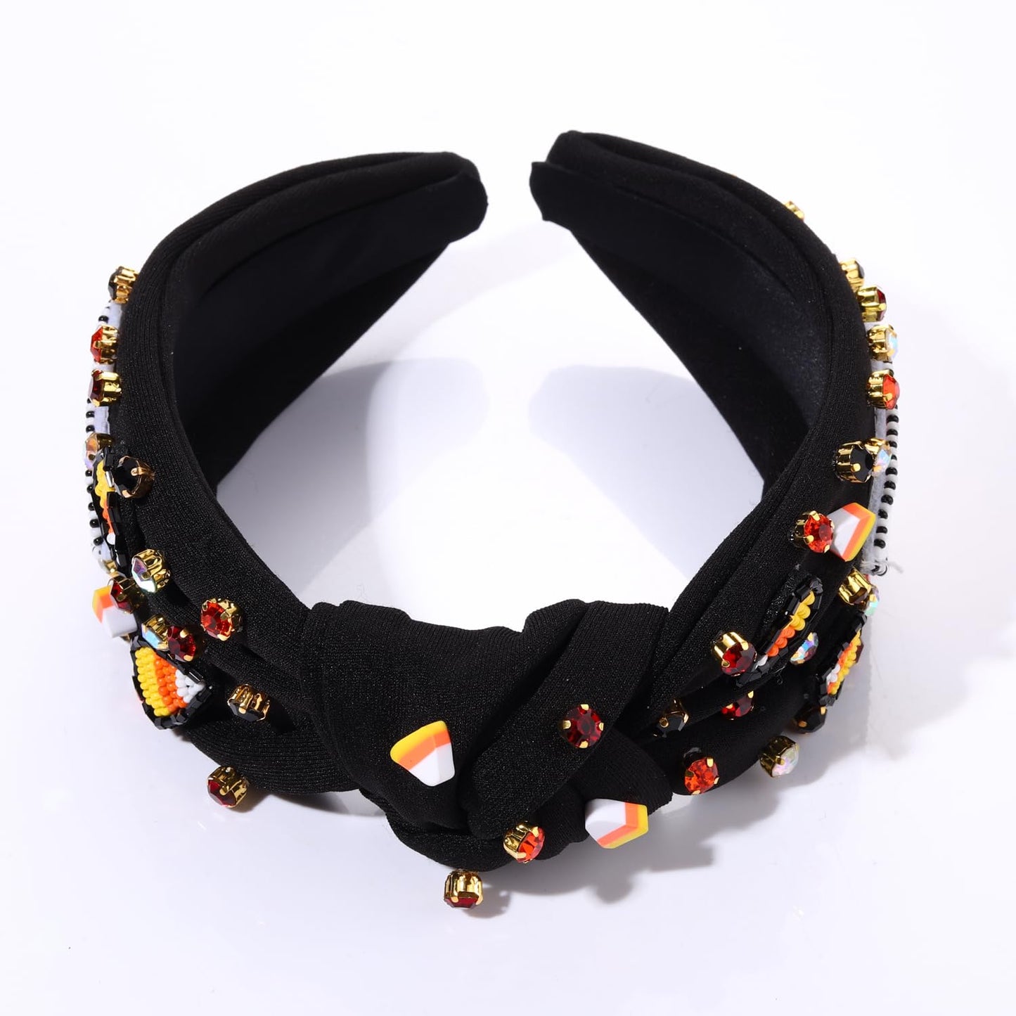 YAHPERN Halloween Headband for Women Spooky Pumpkin Spider Ghost Headband Jeweled Rhinestone Crystal Knotted Headband Embellished Wide Top Knot Headband Halloween Hair Accessories Gifts (Candy Corn)