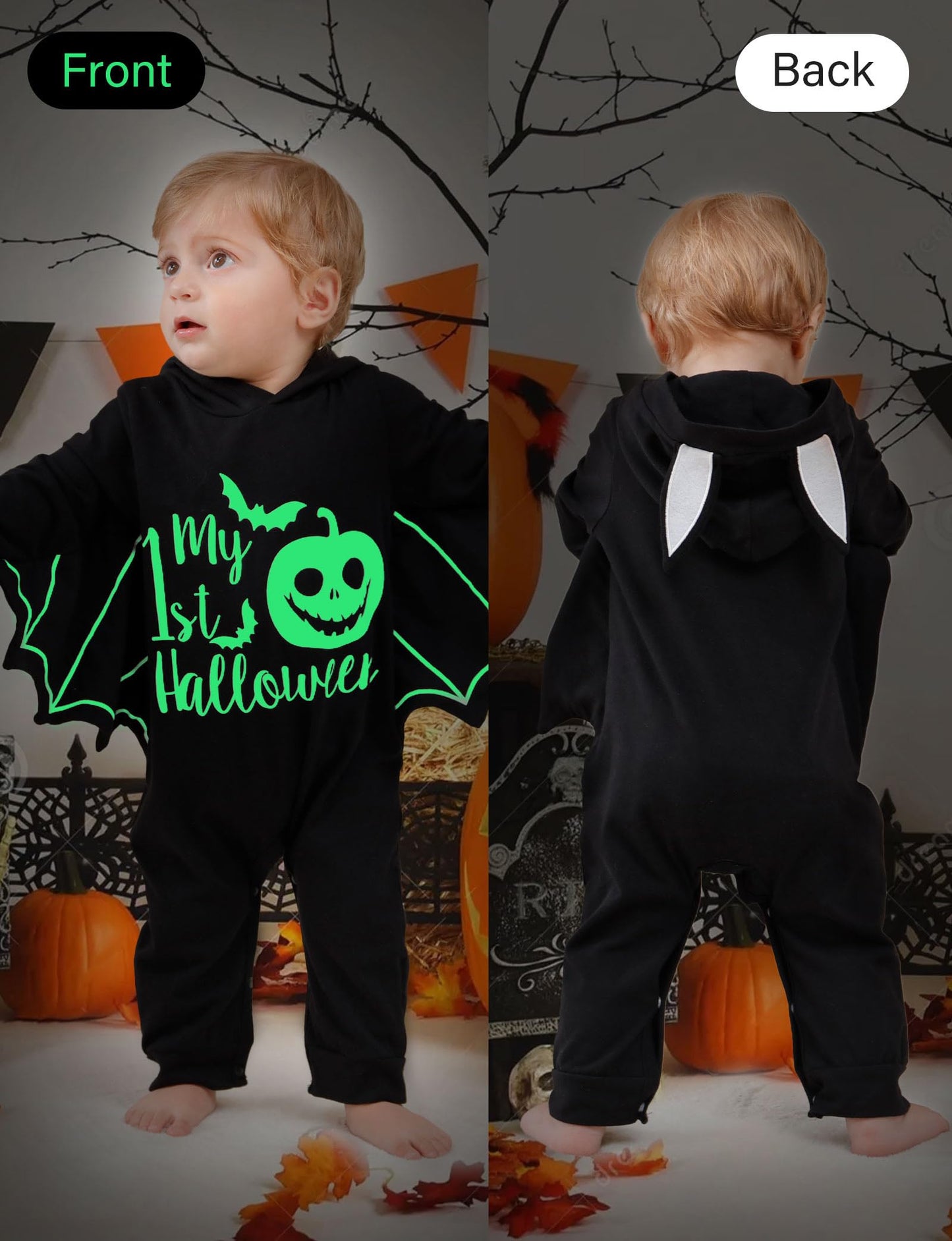 Goodstoworld Baby Halloween Rompers Boy Bat Newborn Gender Neutral Clothes with Hat Girl Glowing Black Bodysuit Stuff For Cosplsy Photography Party