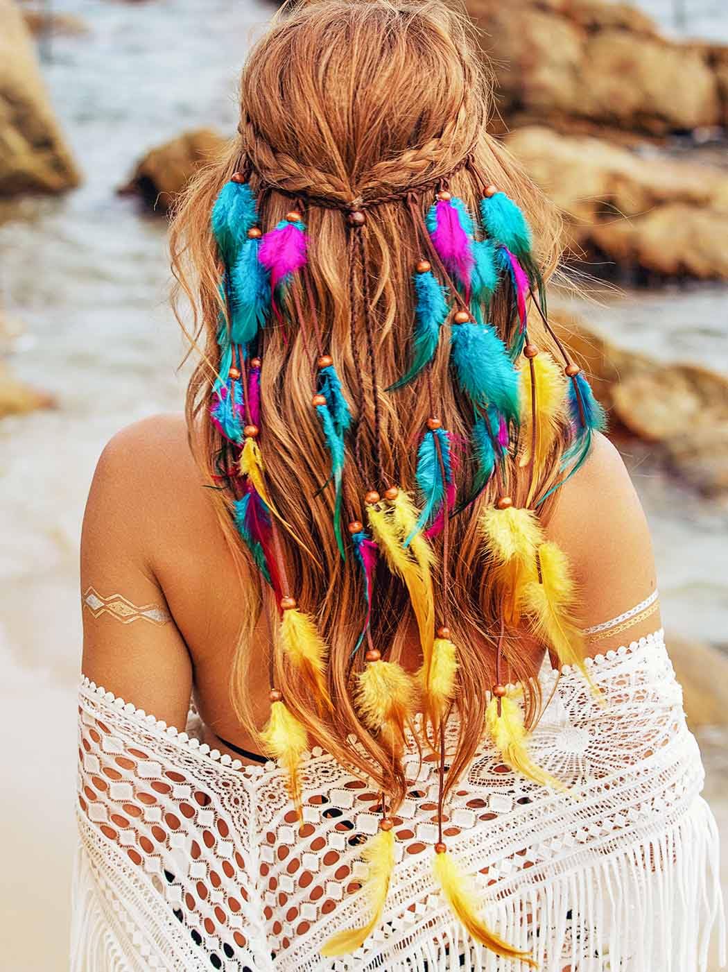 GENBREE Boho Feather Headband Gypsy Headpiece Bohemian Hippie Headbands Indian Hair Band Long Feather Hair Accessories for Women (Pattern 3)