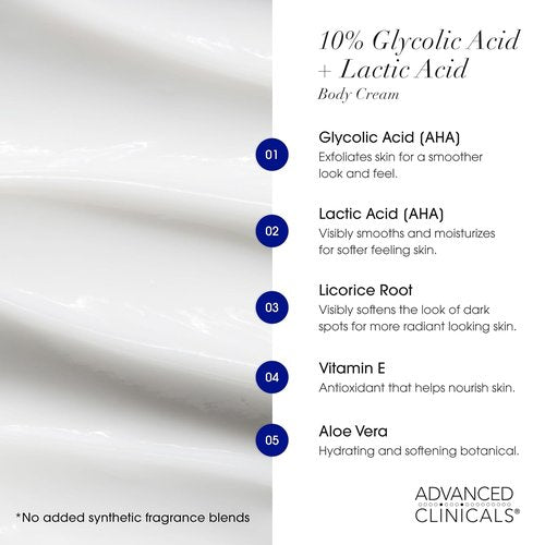 Advanced Clinicals 10% Glycolic Acid Lotion - Exfoliating Moisturizer With Hyaluronic Acid | 16 Oz AHA Cream for Smooth, Even Skin