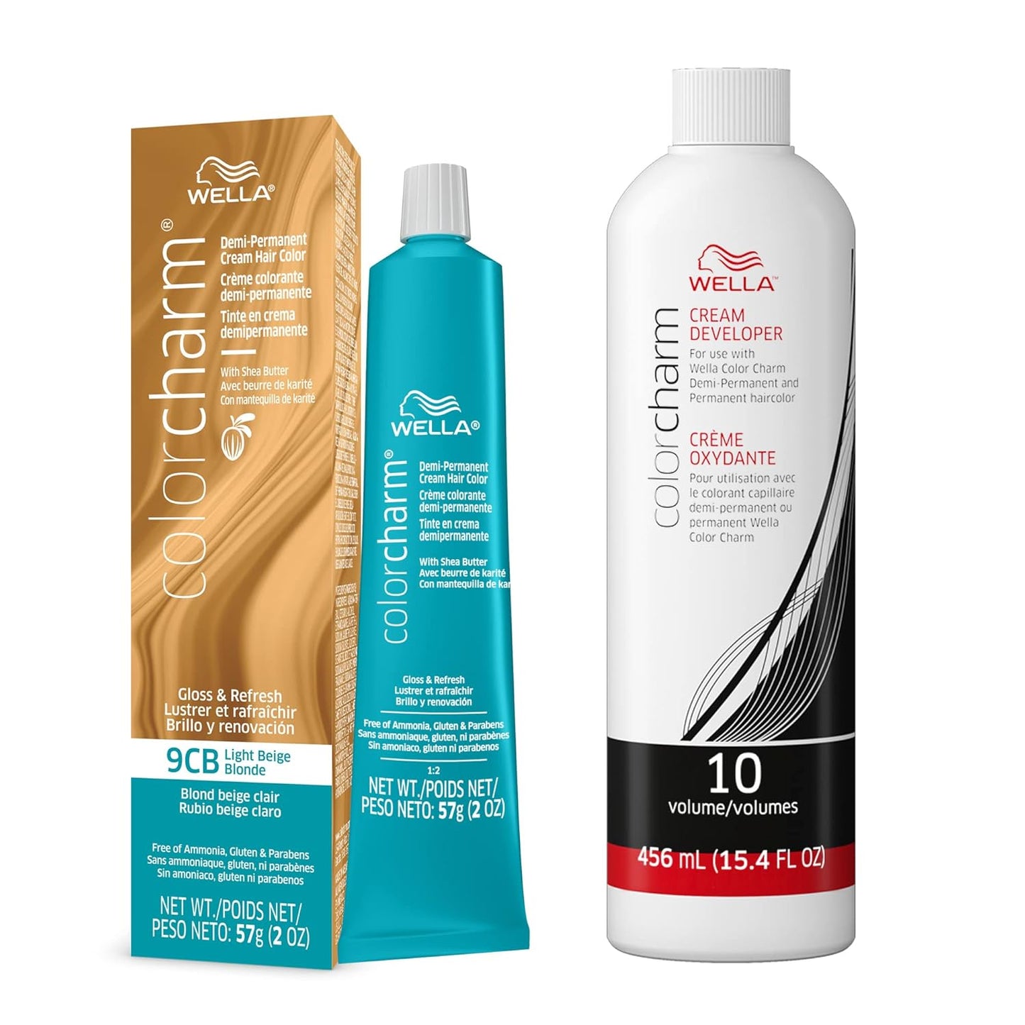 WELLA ColorCharm Demi-Permanent Hair Color | Glossy Gray Coverage, 9CB Light Beige Blonde + 10 Vol Developer