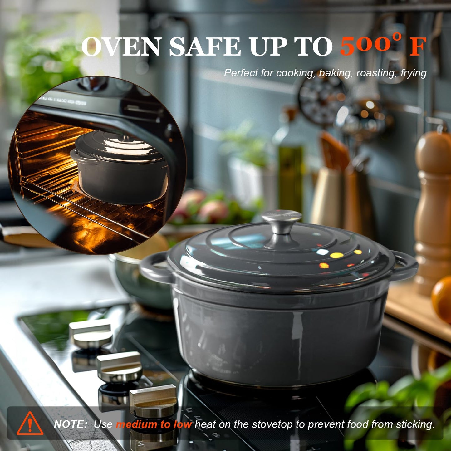 Overmont Enameled Cast Iron Dutch Oven - 4.5QT Pot with Lid Cookbook & Cotton Potholders - Heavy-Duty Cookware for Braising, Stews, Roasting, Bread Baking bottle green