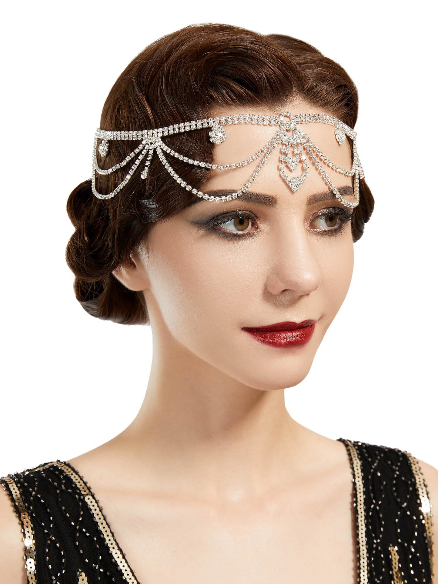 SWEETV Roaring 20s Crystal Rhinestone Head Chain Jewelry Silver Headpiece Hair Accessories for Women