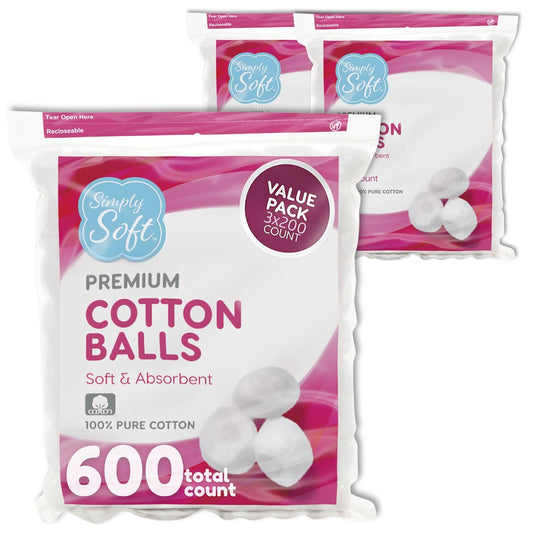 Simply Soft Cotton Balls - 100% Pure Premium Cotton | Large 600 Count for Face & Nail Care
