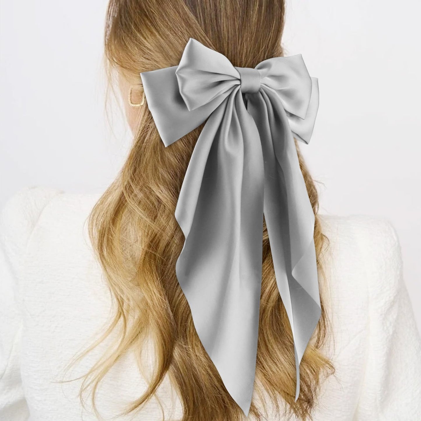 ATODEN Oversized Long Tail Satin Bow Hair Clips and Barrettes - Silky Large Aesthetic Hair Accessories for Women, Grey Black