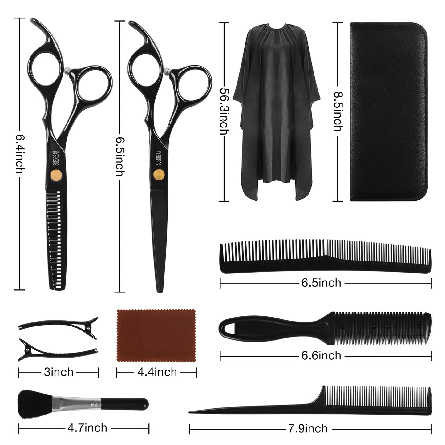 SCEDREAM 11 PCS Hair Cutting Scissors Kit Professiona Set Haircut Scissors with Thinning Scissors, Cutting Scissors, Comb, Cape, Clips, Brush, Leather Bag, Hair Shears Set for Barber, Salon, Home