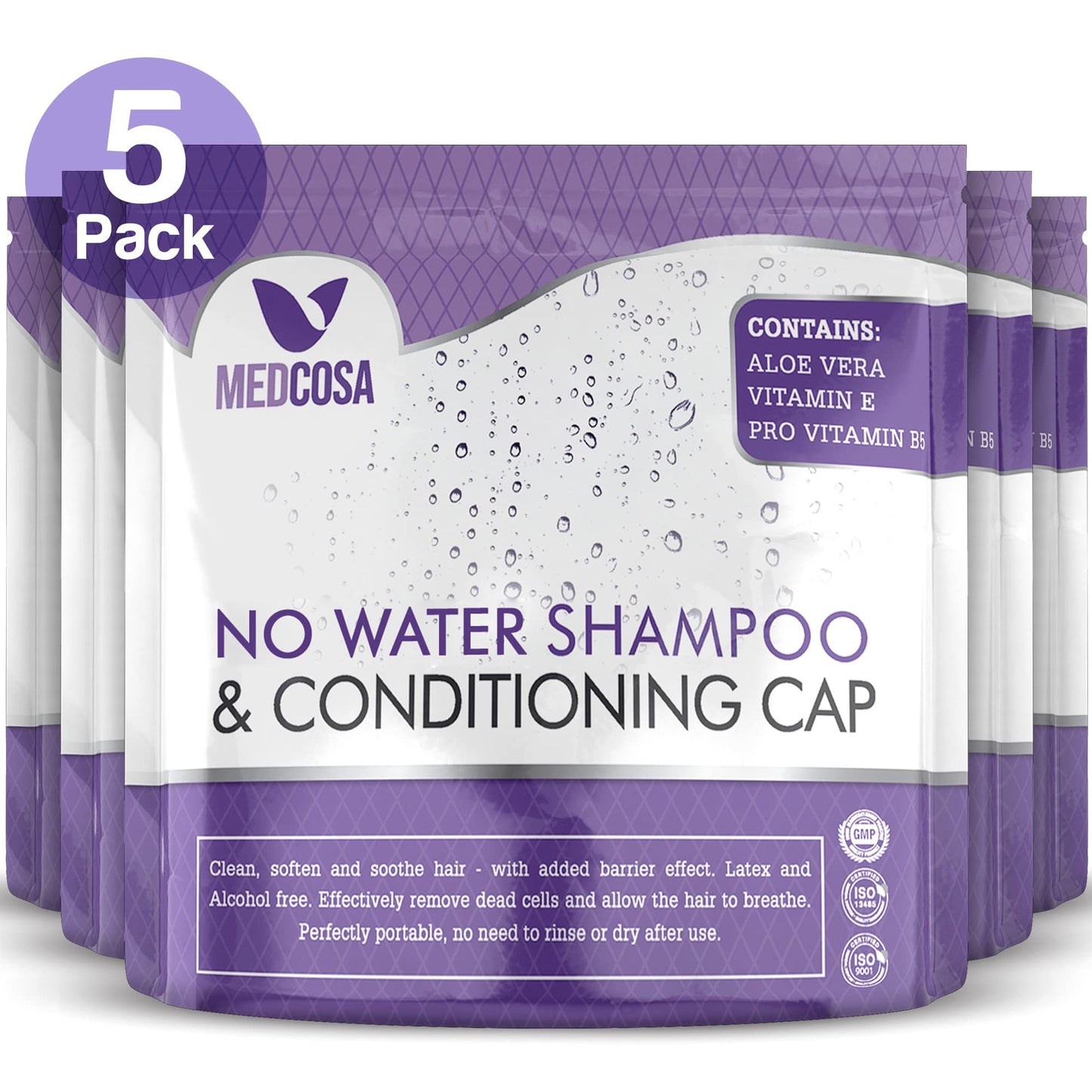 Medcosa No Rinse Shampoo Caps - Waterless Shampoo and Conditioner Hair Wash Cap - Dry Hair Washing Aids with Aloe Vera and Vitamins - Pack of 5 Rinse Free No Water Shower Caps