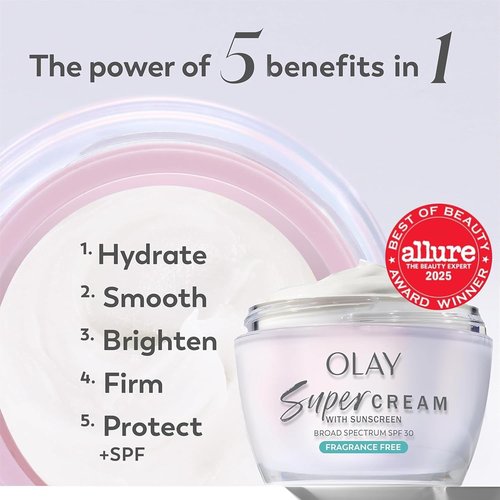 Olay Super Cream - Fragrance-Free Lightweight Face Moisturizer with SPF 30 | 5-in-1 Hydration & Brightening, 1.7 oz