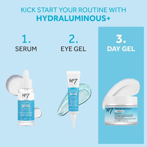 No7 HydraLuminous+ Hydrating Day Gel Moisturizer - Hyaluronic Acid & Vitamin B3 for Skin Hydration - 1.69 Fl Oz