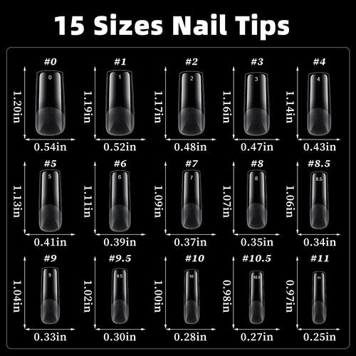 AddFavor Long Square Nail Tips, 300pcs Gel Nail Tips Square Long Fake Nails, Full Cover Clear 15 Size Acrylic Nails Tips for Nail Extensions, Press on Nails Making