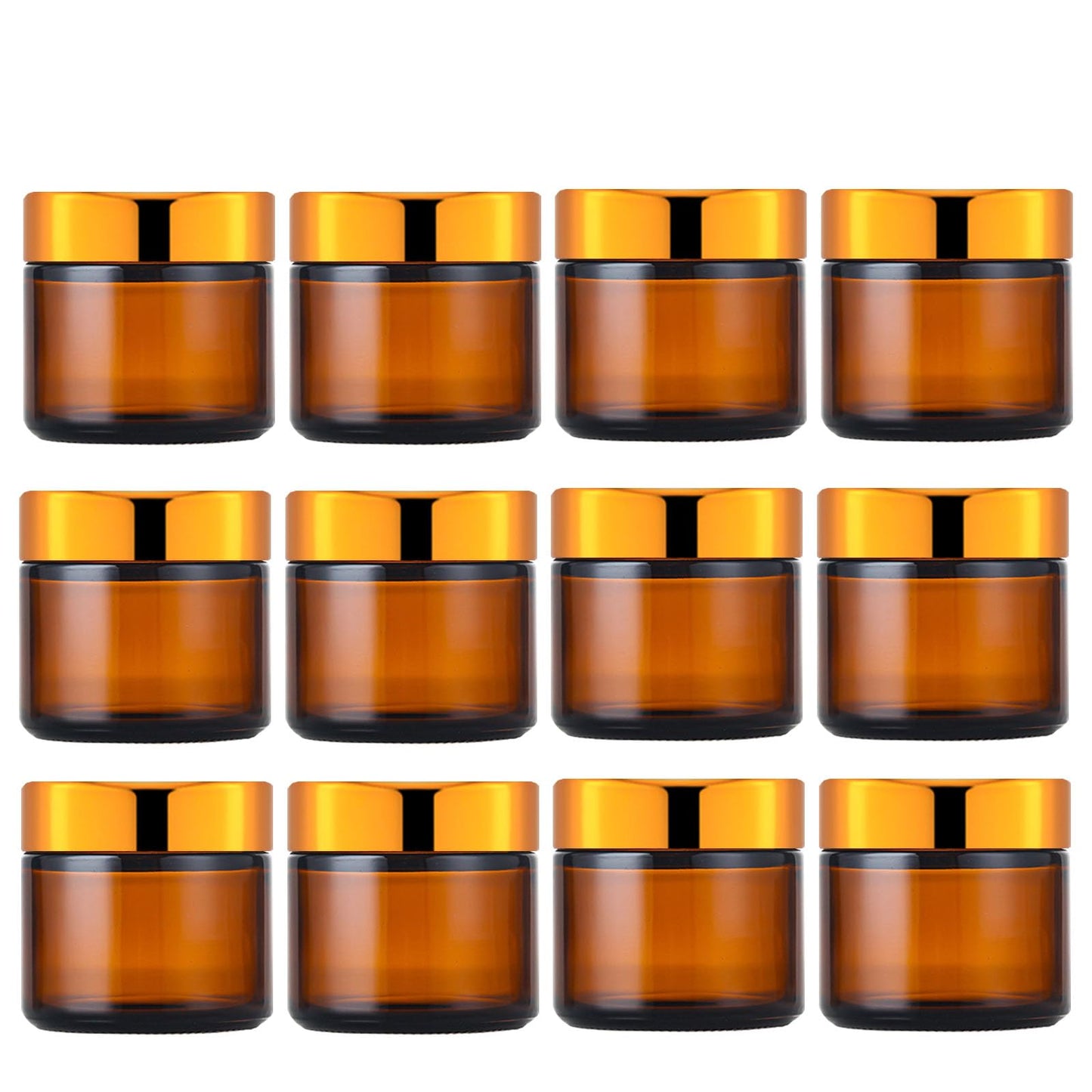 IRON BILL 2 Oz Amber Round Glass Jars with Inner Liners and Gold Lids(12PCS) Empty Cream Containers Refillable Cosmetic Vials for Cosmetics, Lotions, Ointment, Body Scrubs & Balms