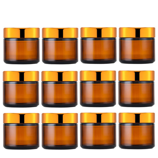 IRON BILL 2 Oz Amber Round Glass Jars with Inner Liners and Gold Lids(12PCS) Empty Cream Containers Refillable Cosmetic Vials for Cosmetics, Lotions, Ointment, Body Scrubs & Balms