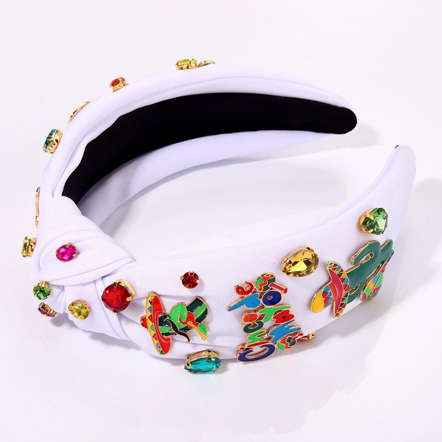 Fiesta Sombrero Knotted Headband - Embellished Crystal Top Knot for Women, Cinco De Mayo Hair Accessory (Mexican-White)