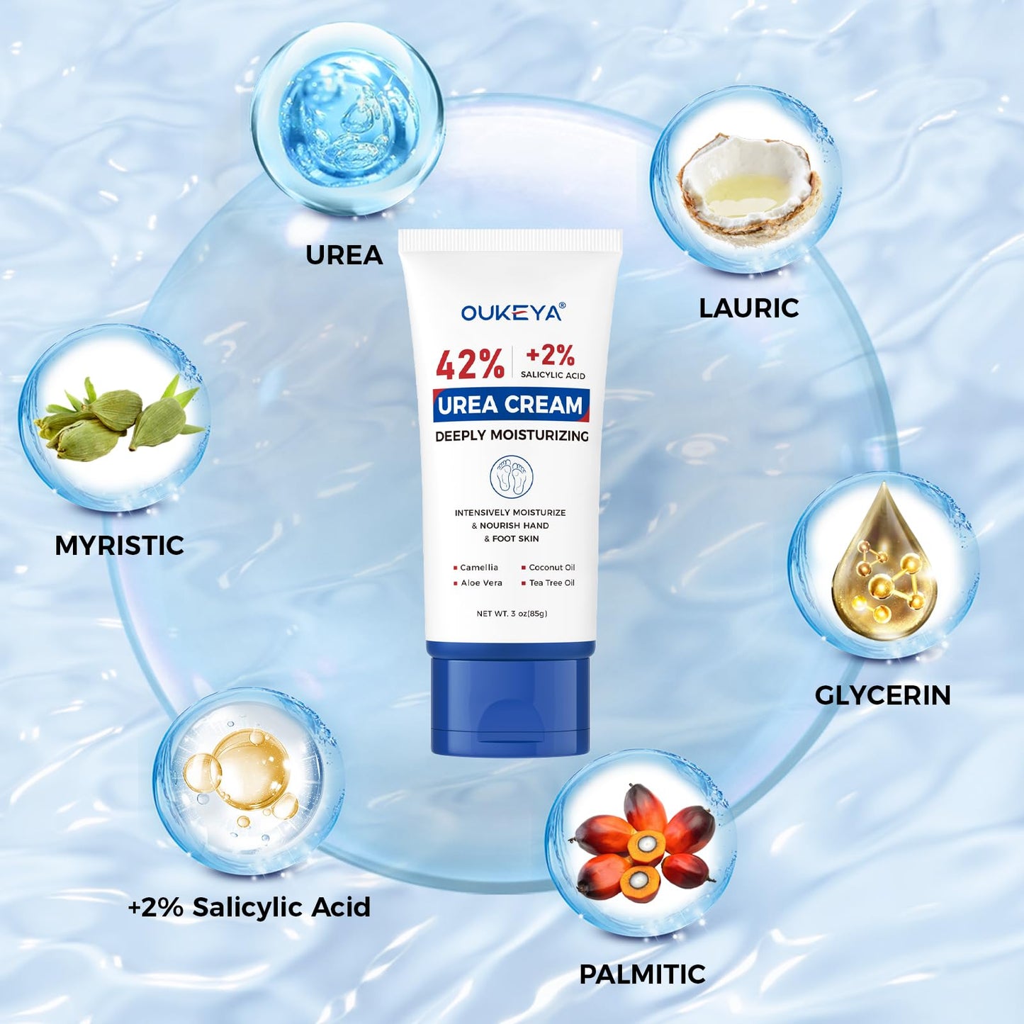OUKEYA Urea Cream 42 Percent with 2% Salicylic Acid Tube 3 Oz, Urea Foot & Hand Cream for Dry Cracked, 40 per Urea Lotion for Feet Maximum Strength