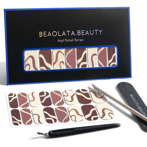 Beaolata Nail Polish Strips, 32PCS Salon Quality Wraps, Long Lasting Gel Nail Stickers for Women Easy Apply& Remove (Basketry Light Brown)