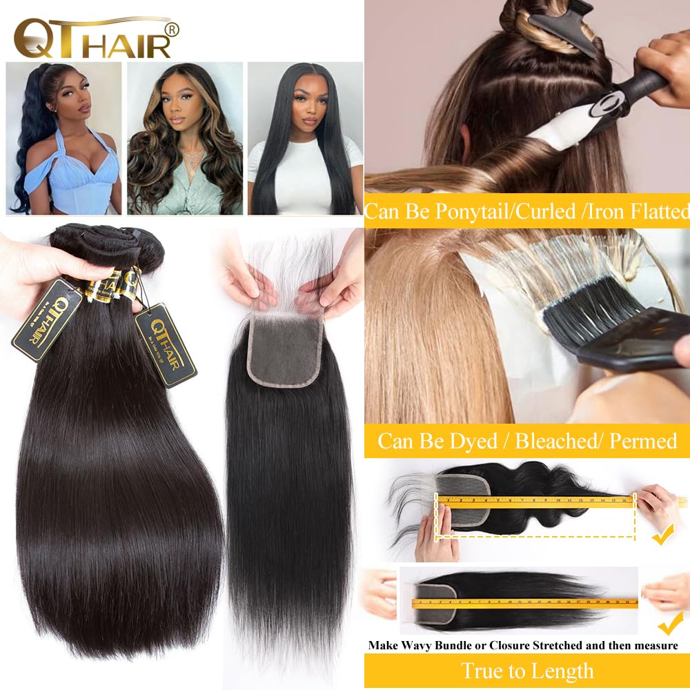 QTHAIR 14A Brazilian Virgin Hair Straight Human Hair with Closure (12 14 16+10Closure) 100% Unprocessed Straight Brazilian Virgin Hair Weave Natural Color Brazilian Straight Hair Bundles