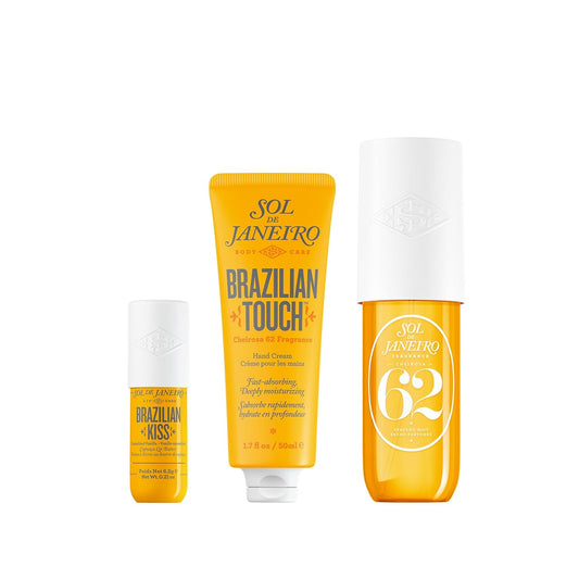 Sol de Janeiro Travel Size Bundle - Brazilian Kiss Lip Butter, Touch Hand Cream & Cheirosa 62 Mist