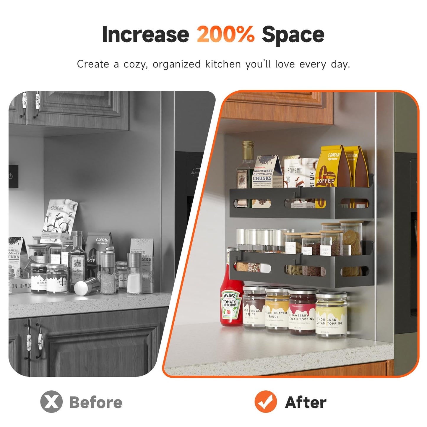 4 Pack Strong Magnetic Spice Rack for Refrigerator, Multipurpose Magnetic Shelf for Fridge with 4 Hooks for kitchen and Bathroom Organization, Black