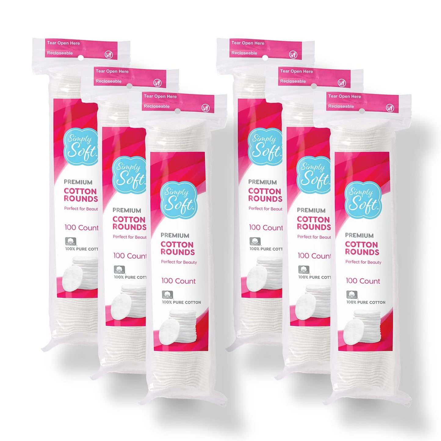 Simply Soft Premium Cotton Rounds, 100% Pure Cotton, Absorbent Cotton Pads, 100 Count (Pack of 6)