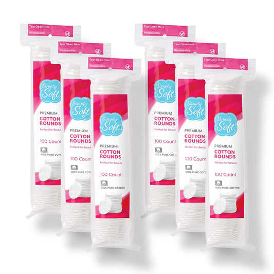 Simply Soft Premium Cotton Rounds, 100% Pure Cotton, Absorbent Cotton Pads, 100 Count (Pack of 6)