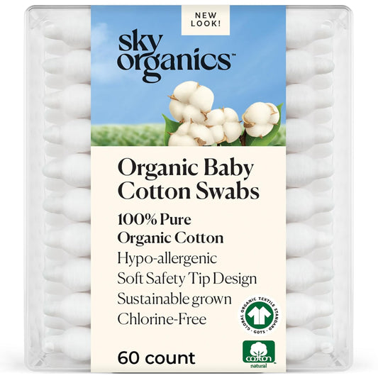 Sky Organics - Organic Baby Cotton Swabs - Ultra Soft Tips for Sensitive Skin - 60 Count - Hypoallergenic & Vegan