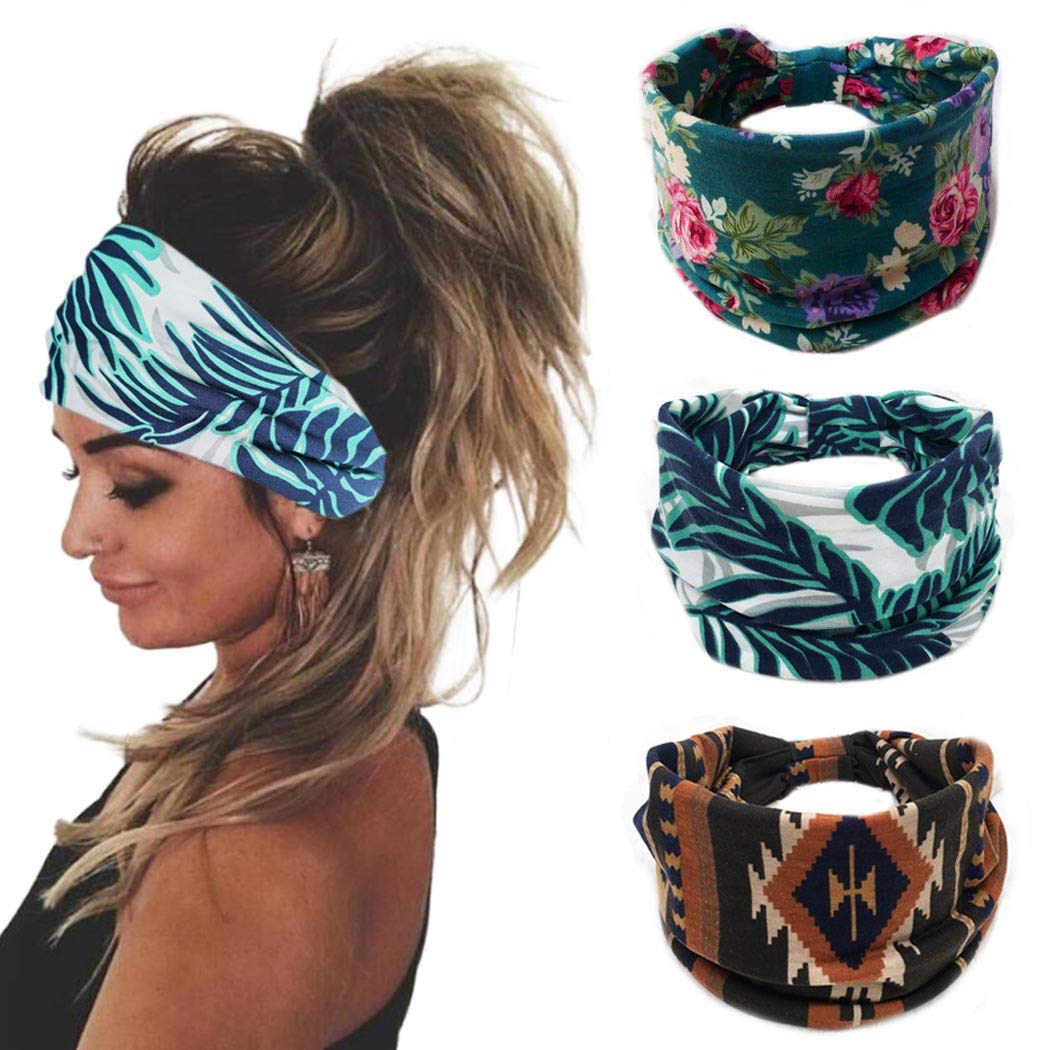 Bohend Boho Headbands Wide knotted Hair Bands Fashion Printing Bandeau Travel Stretchy Cotton Headband Sport Yoga Hair Accessories for Women and Girls (G)