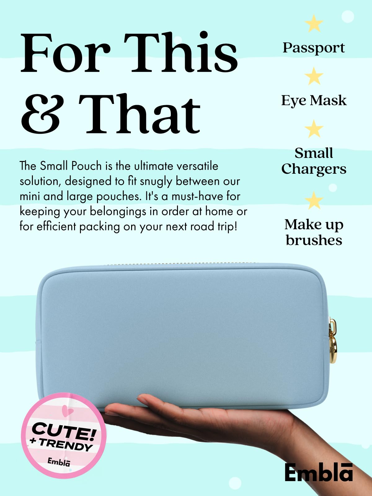 Embla Makeup Bag Travel Cosmetics Pouch and Toiletry Bag, Nylon Zipper Pouch Purse, Cute Make Up Organizer Storage Tote for Women Girls, Waterproof Travel Skincare Case, Small Makeup Bags, Periwinkle