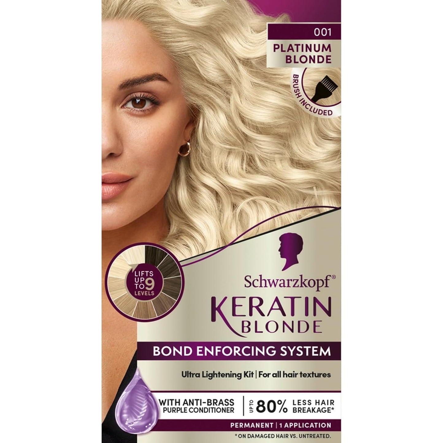 Schwarzkopf Keratin Blonde Hair Dye - 001 High Lift Platinum | Professional Permanent Color with Bond Enforcing System & Purple Conditioner