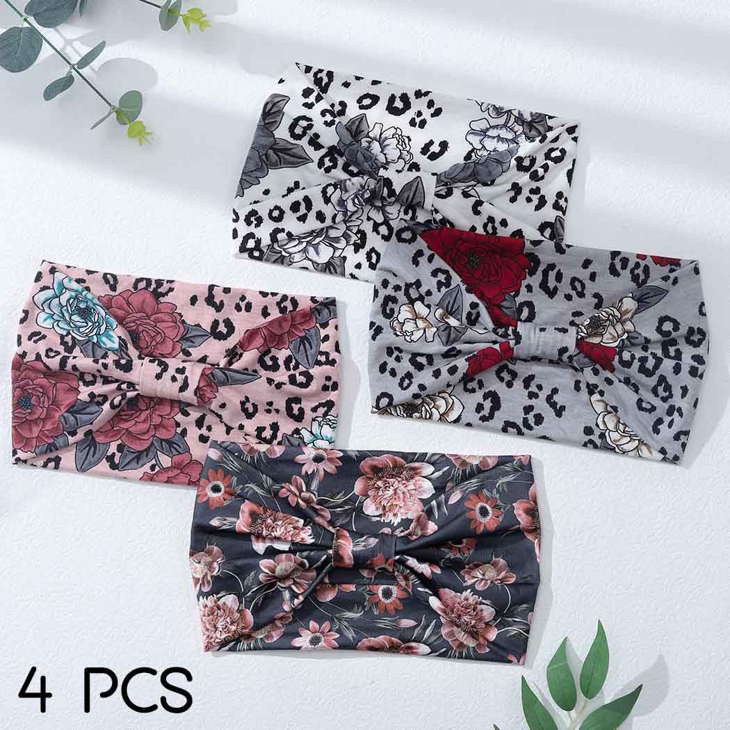 Aceorna Boho Butterfly Headbands: Stretch Knotted Hairbands with Floral Prints, Elastic Turban Head Wraps for Women and Girls, Pack of 4 Hair Bands (Floral A)