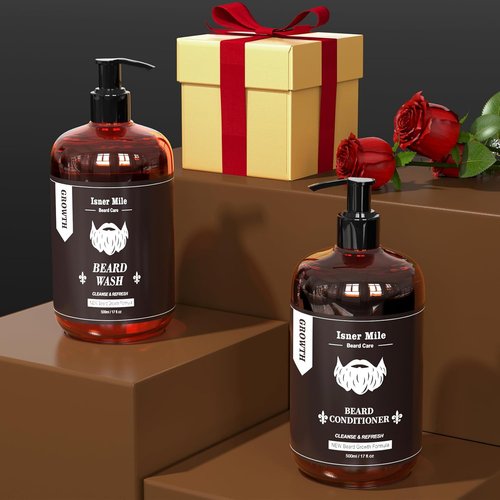 ISNER MILE Beard Wash & Conditioner Set - 17 oz Biotin, Argan & Jojoba Oil Shampoo for Soft, Strong Beard - Sandalwood Scented Grooming Gift