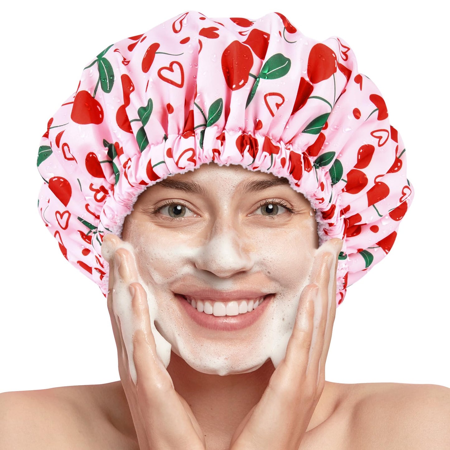 Shower Cap for Women Terry Lined Bath Cap Large Reusable Waterproof Elastic Band Pink Cherry Shower Caps for Long Thick Hair Soft Bath Shower Hair Caps