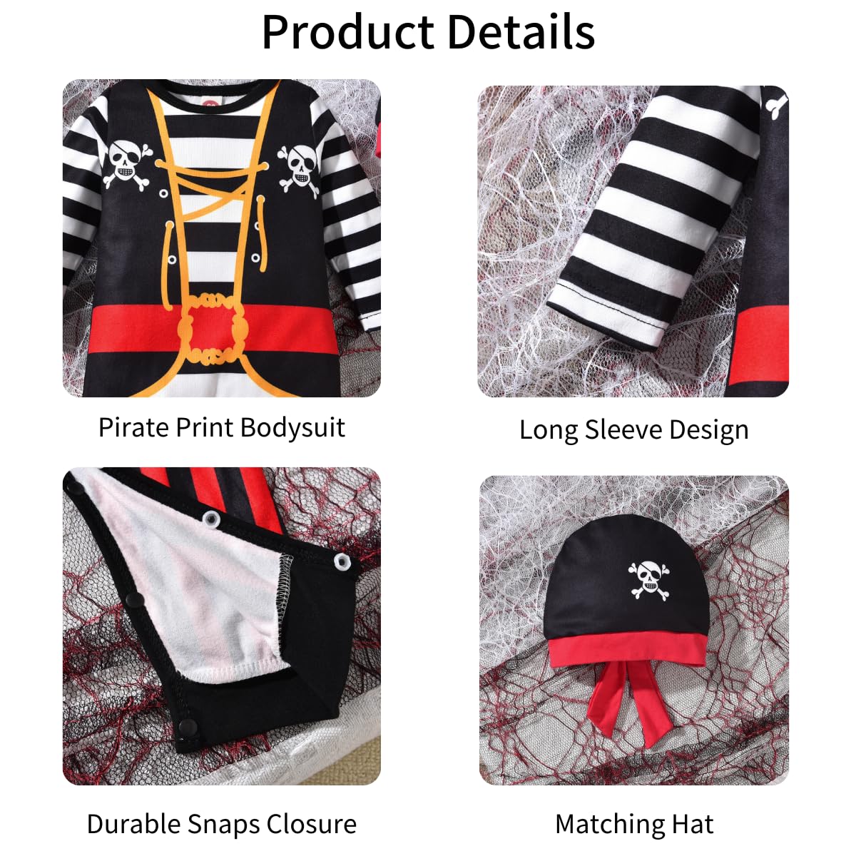 3-6 Months Infant Baby Boys Halloween Outfit Skull Clothes Stripe Long Sleeve Bodysuit with Hat