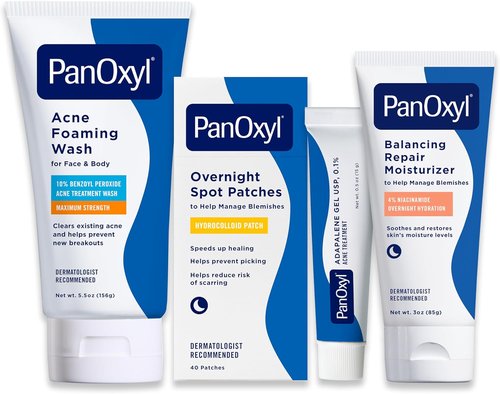 PanOxyl Acne Clearing Routine Bundle - Foaming Wash, Repair Moisturizer, Spot Patches & Adapalene Gel