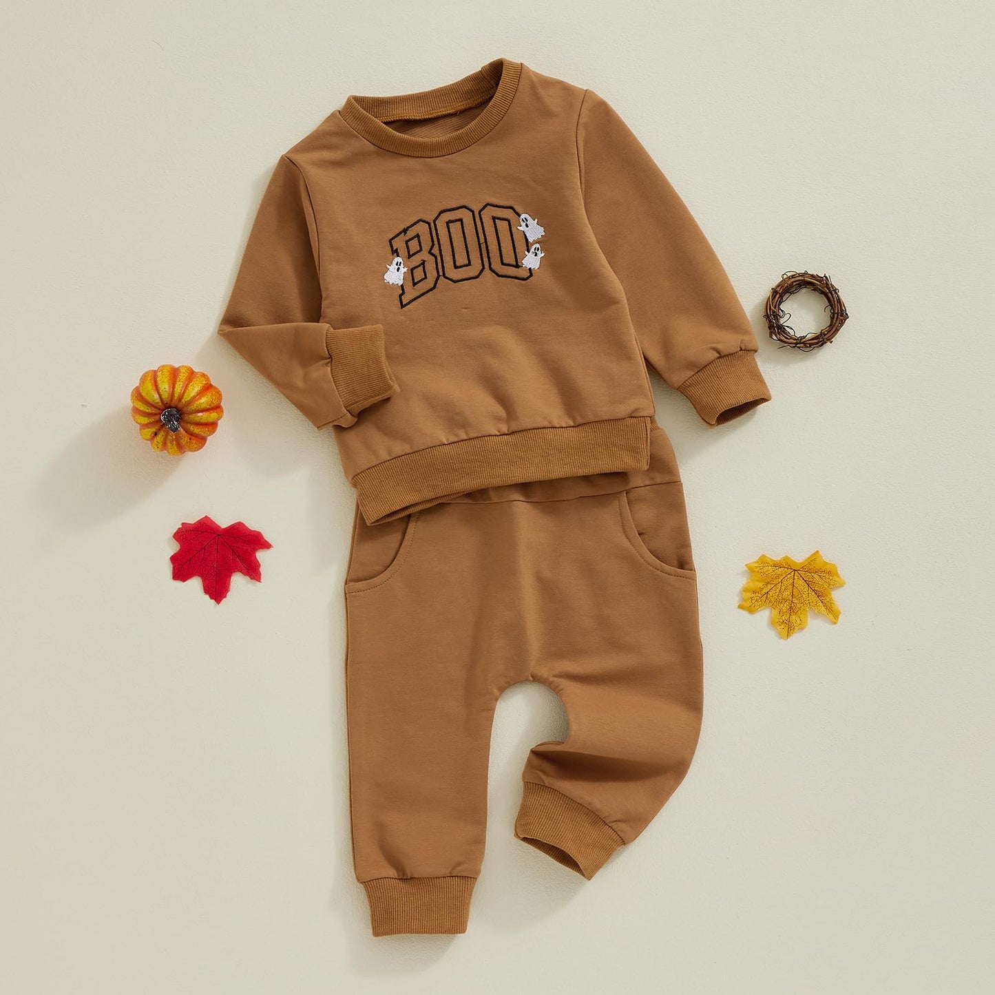 FYBITBO Toddler Baby Halloween Outfits Boy Spooky Season Crewneck Sweatshirt Top Shirts Pants Fall Halloween Clothes Set (Boo Ghost-Brown, 0-6 months)