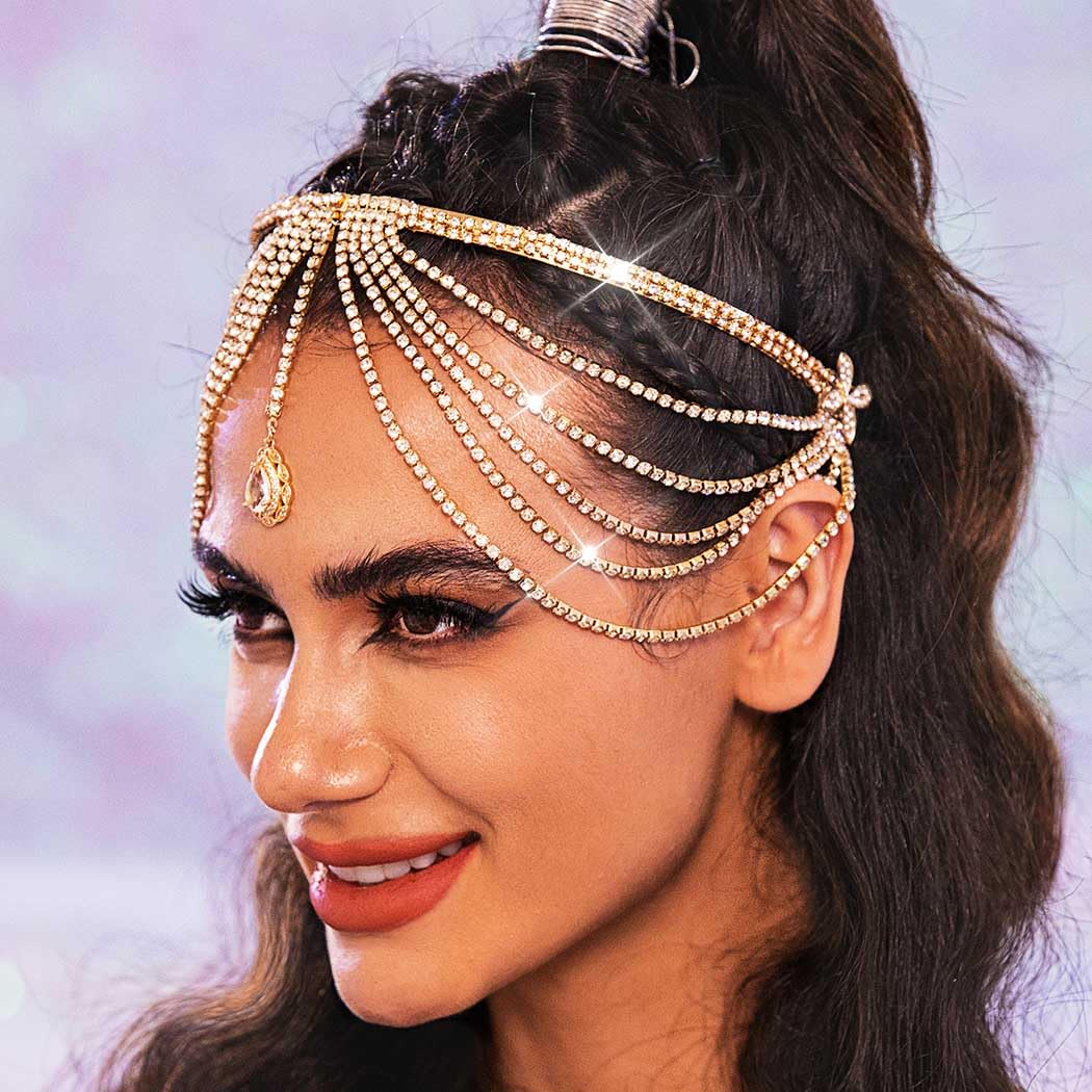 JEAIRTS Layered Rhinestone Headband Tassel Crystal Forehead Hair Band Sparkly Bridal Hair Jewelry for Women (2-Gold, Free Size)