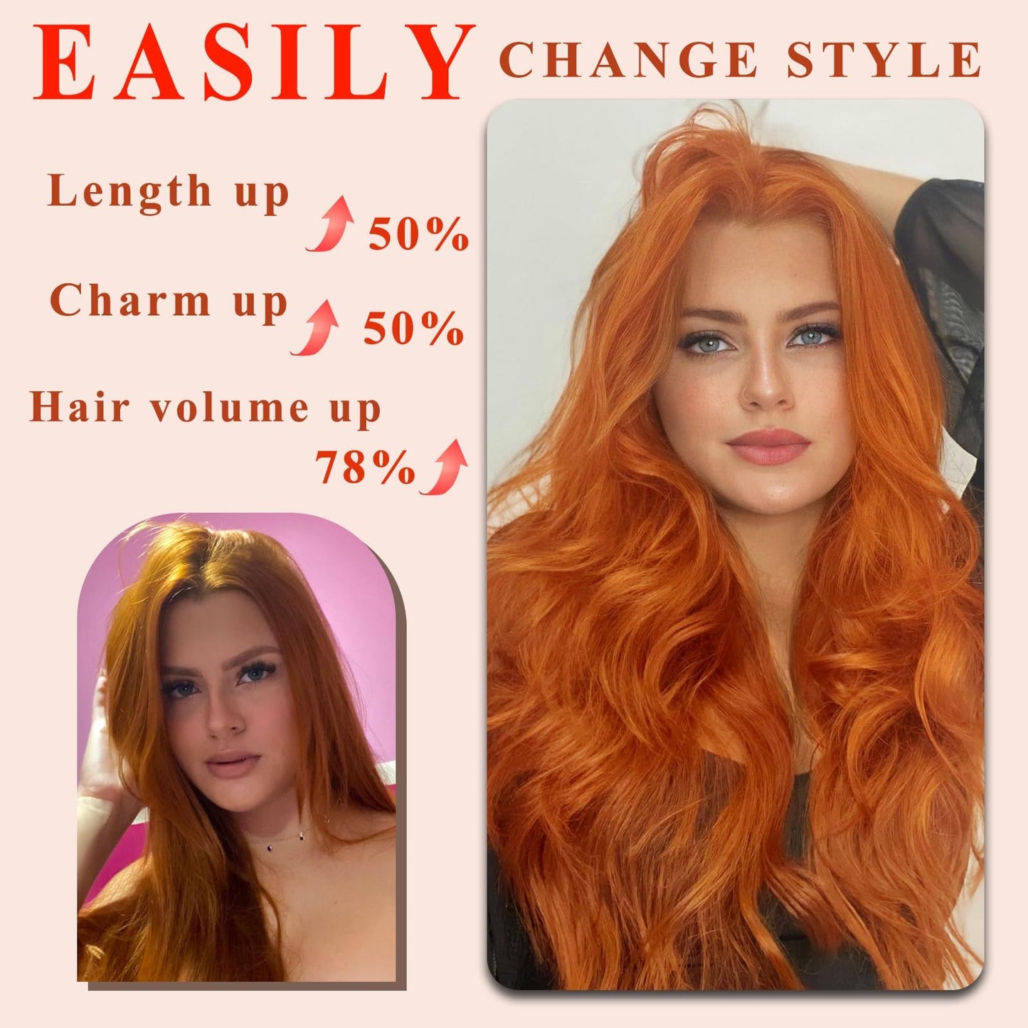 NAYOO Clip in Curly Hair Extensions 4PCS Long Wavy Synthetic Thick Hairpieces with Fiber Double Weft for Women Hair Full Head (20 Inch, Ginger Orange)