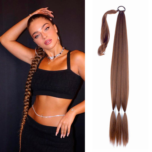 34inch Long Braided Ponytail Extension with Hair Tie Brown Straight Wrap Around Hair Braid Extensions for Women Synthetic High Temperature Fluffy Natural Soft Hair Piece for Women (6#)