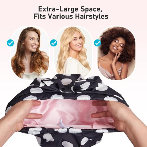 LitBear Luxury Silk Lined Shower Cap - Waterproof, Adjustable, Double Layered for Long & Short Hair - Black Dots