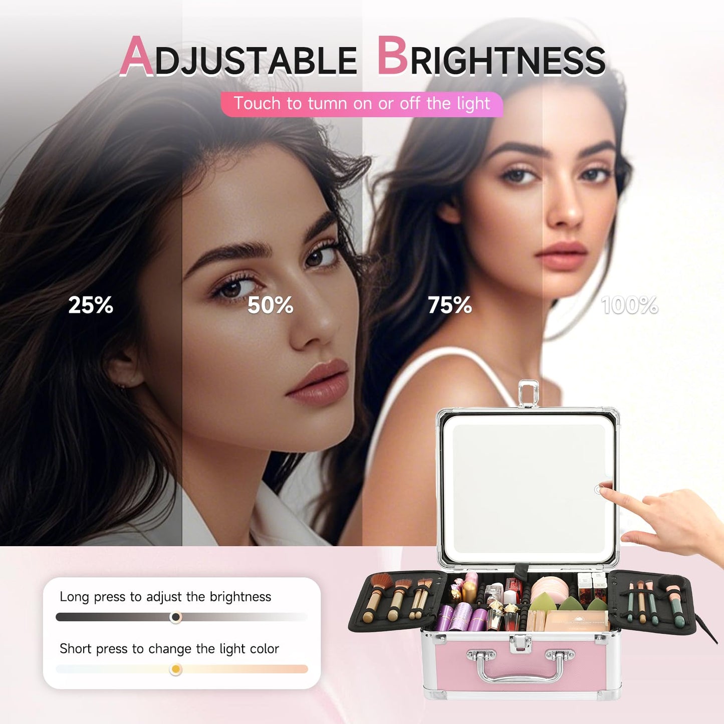 Leeora&Leekoo Makeup Box with LED Mirror & Aluminum Frame, Compact Multi-Layer Cosmetic Organizer - Portable ABS Travel Train Case for Makeup Storage(Gift for Girlfriend/Daughter) (Pink1)