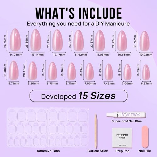 BTArtbox Press On Nails Almond - Soft Gel Press on Nails Pink Chrome Nails, Light Weight & Fit Perfectly, Natural Fake Nail with Nail Glue, Medium Glue On Nails in 15 Sizes - 30 Nail Kit, Lotus Glazed