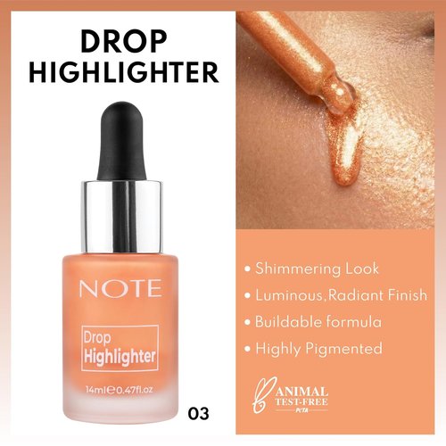 Note Cosmetique Drop Highlighter - Buildable Liquid Highlighter for Radiant Glow - 03 Candle Light - 0.47 oz
