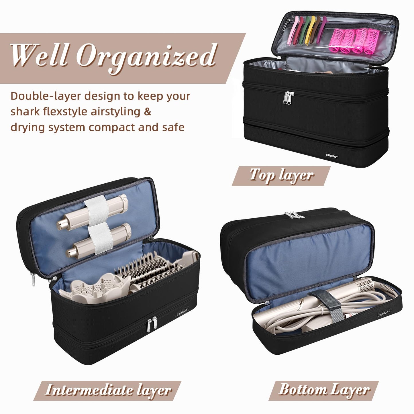 ZRRAJOY 3 Layers Storage Case For Shark Flexstyle, Travel Carrying Case For Shark 430/440 Flexstyle, Organizer Bag For Shark Flexstyle/Dyson Airwrap Styler Attachments(Black02)