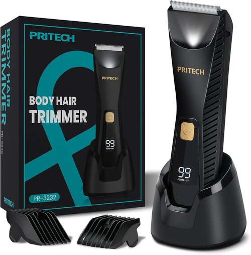 PRITECH Body Hair Trimmer for Men - Waterproof Ceramic Blade Electric Razor | USB-C Charging, Wet & Dry Use
