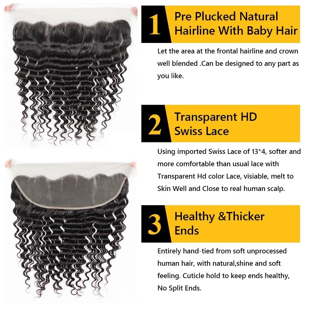 QTHAIR 14A Brazilian Virgin Hair Deep Wave Human Hair Transparent HD Lace Frontal Closure(10" 13x4 Frontal,Natural Black) 100% Ear to Ear Swiss Lace Deep Wave Frontal Brazilian Deep Wave Hair